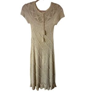 Vintage Crochet Maxi Dress XS Small 70s Whimsigoth Chevron Popcorn Stitch Ivory